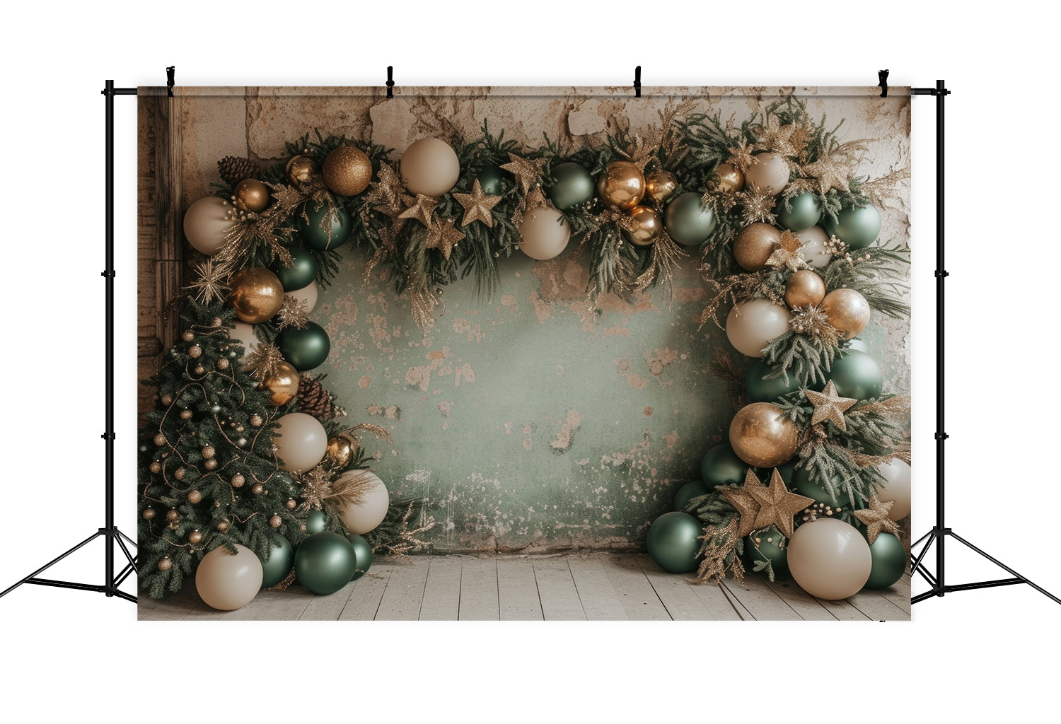 Toile de Fond Rustique avec Guirlande de Ballons et Arbre de Noël RR8-244
