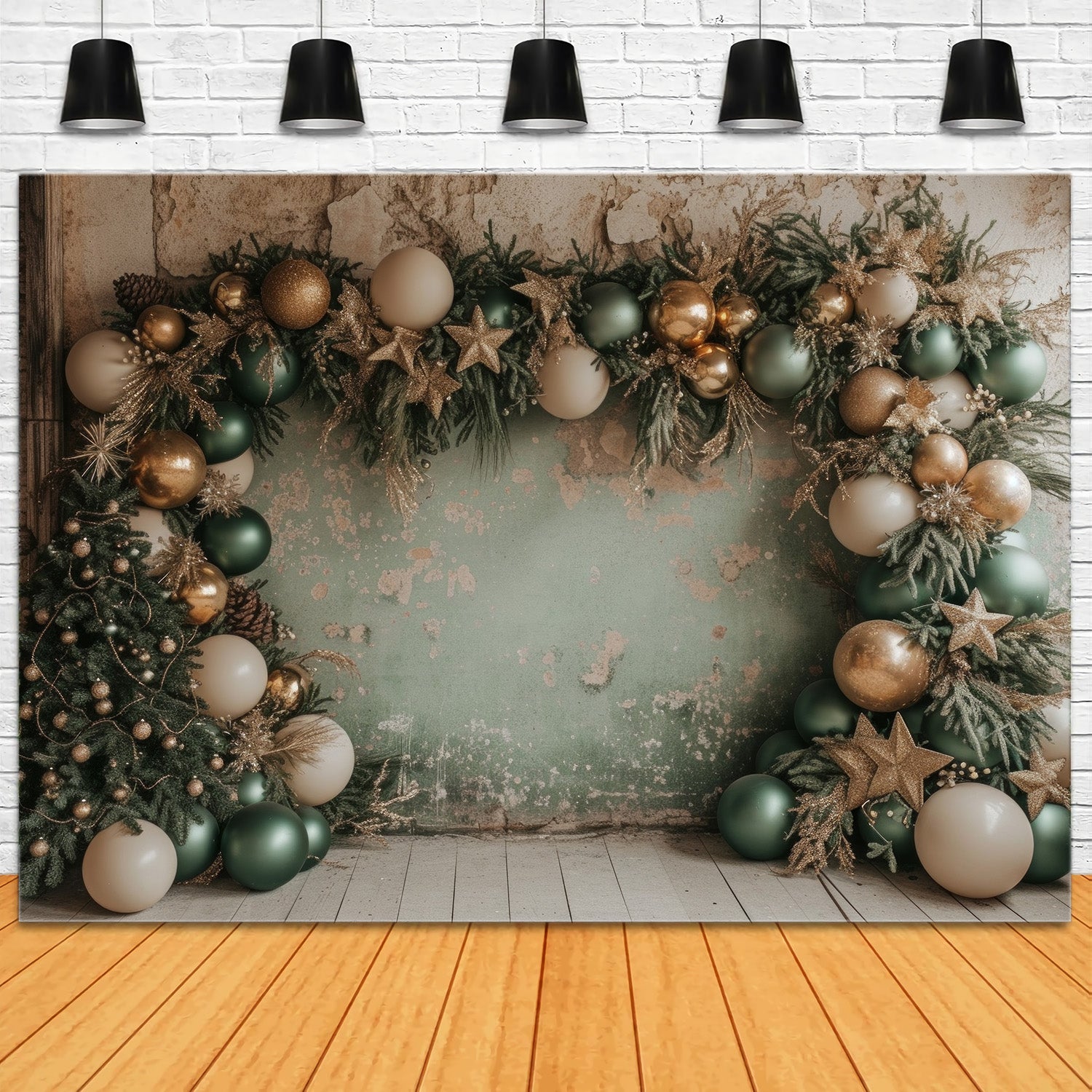 Toile de Fond Rustique avec Guirlande de Ballons et Arbre de Noël RR8-244