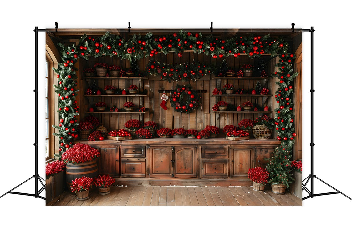 Toile de Fond de Chalet Rustique avec Baies Rouges de Noël RR8-258