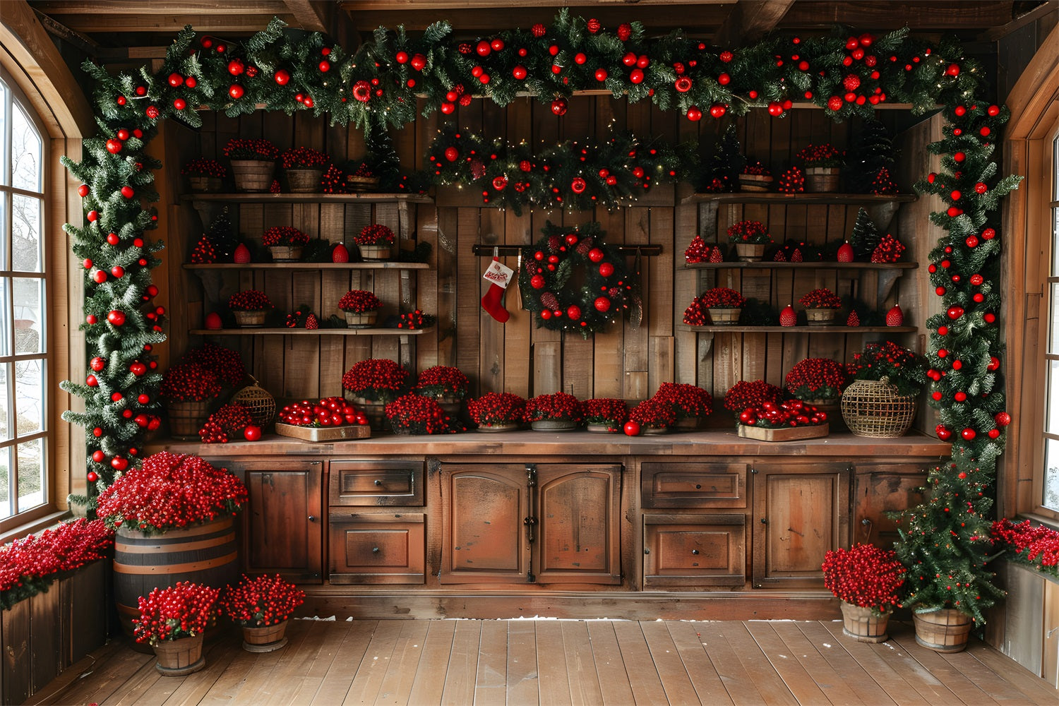 Toile de Fond de Chalet Rustique avec Baies Rouges de Noël RR8-258
