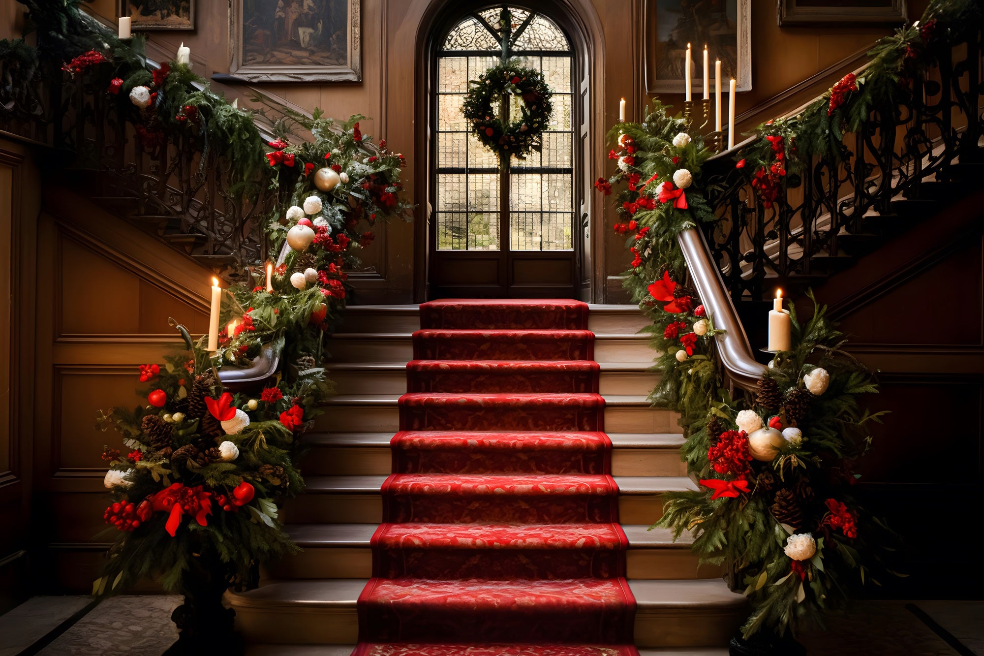 Toile de Fond de Grand Escalier avec Guirlande Festive de Noël RR8-265