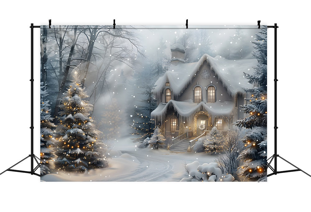 Toile de fond Maison en Forêt Neigeuse Lumières de Noël RR8-27