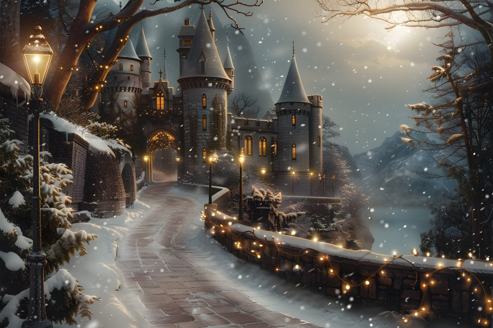 Toile de fond Château Enneigé Route Nocturne de Noël RR8-29