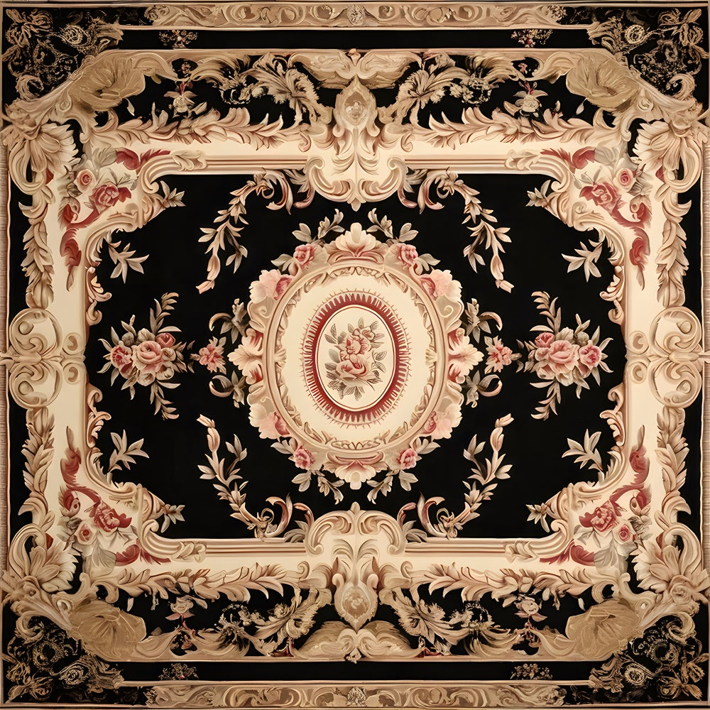 Toile de Fond Sol avec Tapis Noir et Rose au Motif de Roses RR8-301