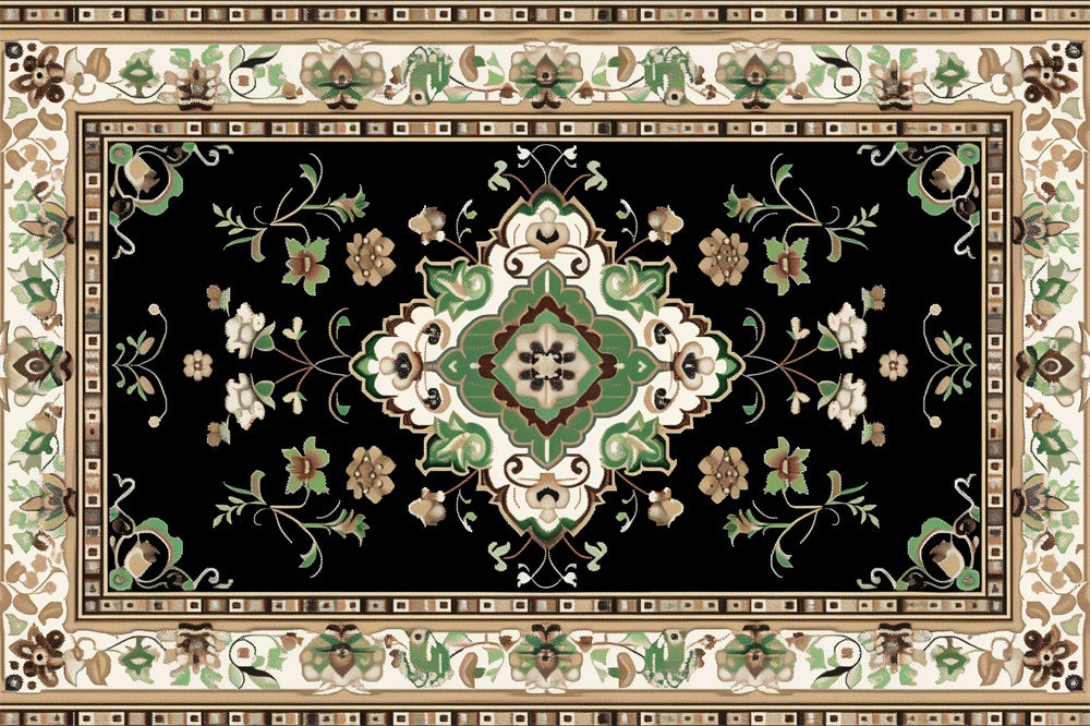 Toile de Fond Sol avec Tapis Noir et Vert au Motif Floral RR8-303