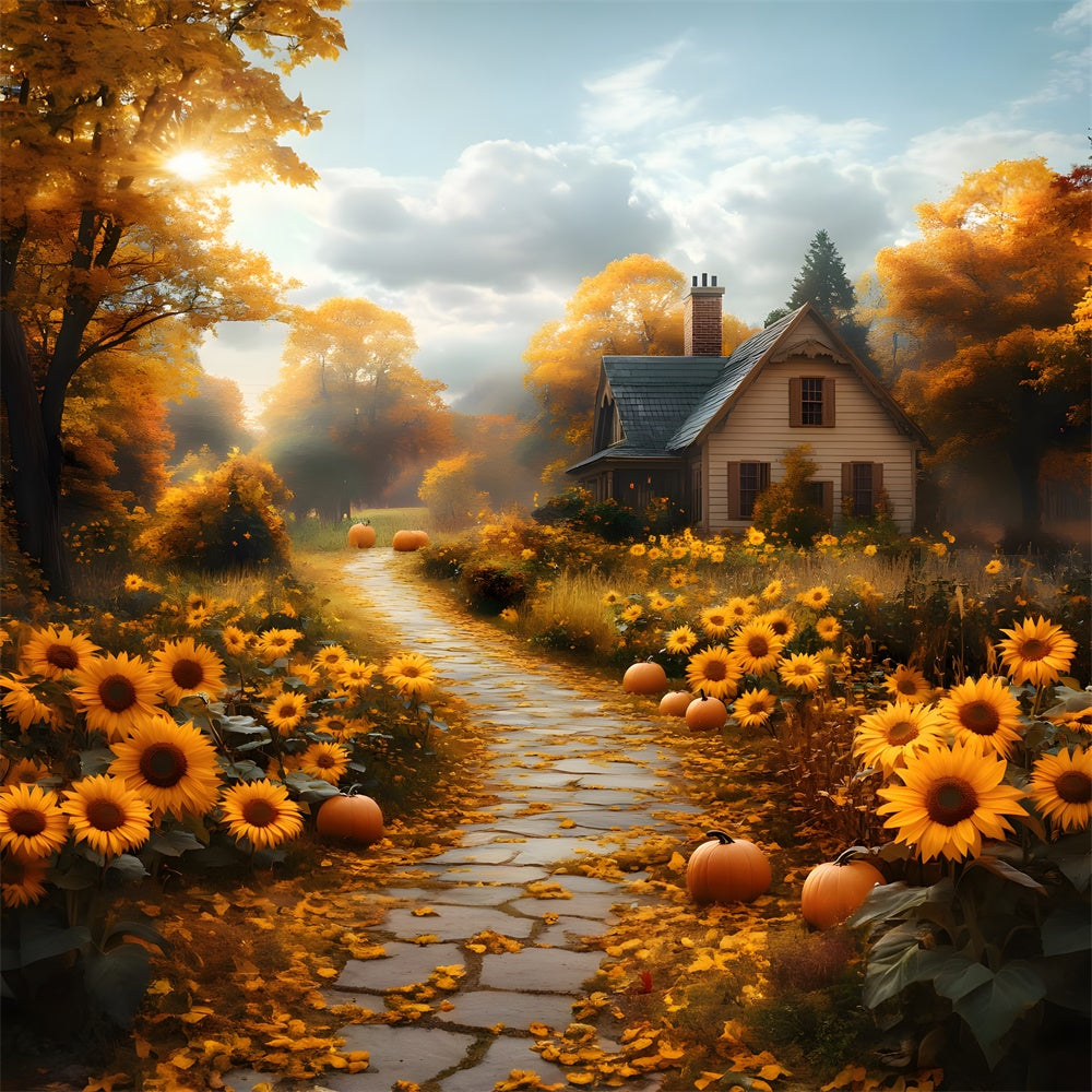 Toile de Fond Allée Bordée de Tournesols d'Automne RR8-310