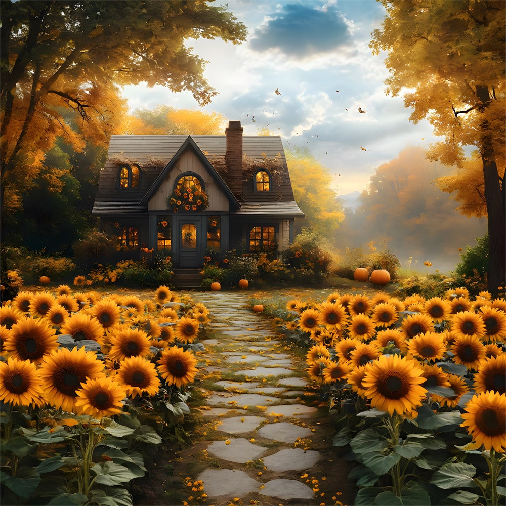 Toile de Fond Maison en Bois avec Tournesols d'Automne RR8-312