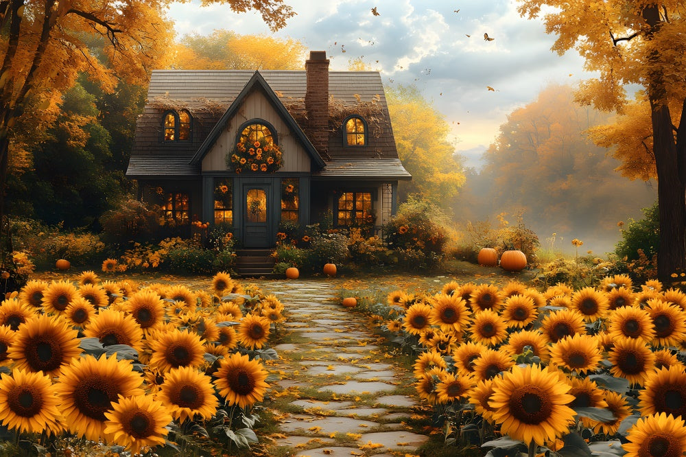 Toile de Fond Maison en Bois avec Tournesols d'Automne RR8-312
