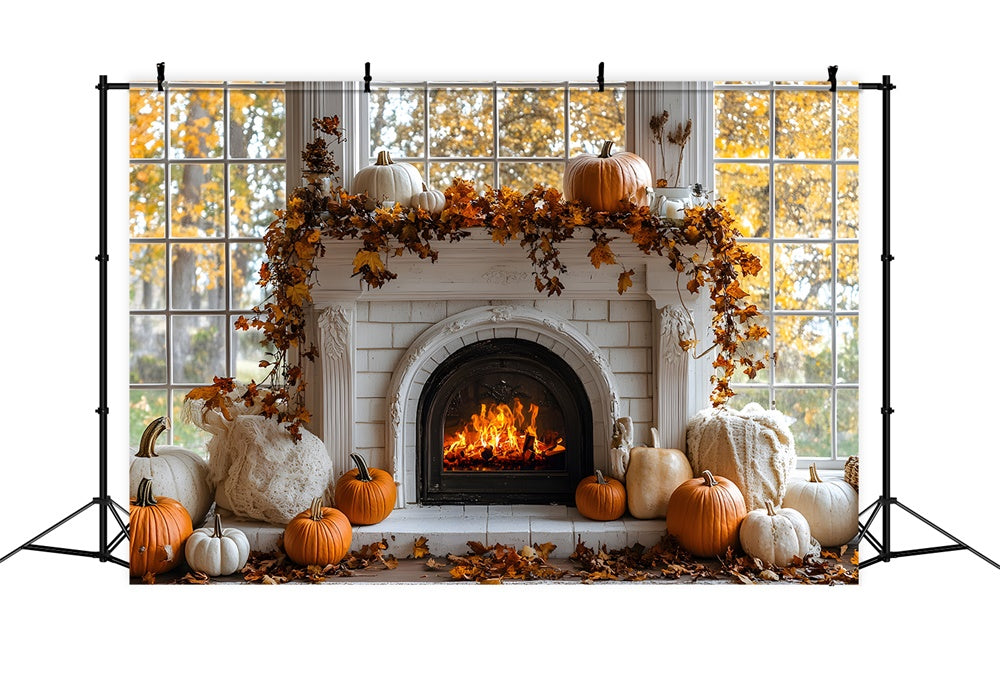 Toile de Fond Citrouilles d'Automne Devant Cheminée RR8-319