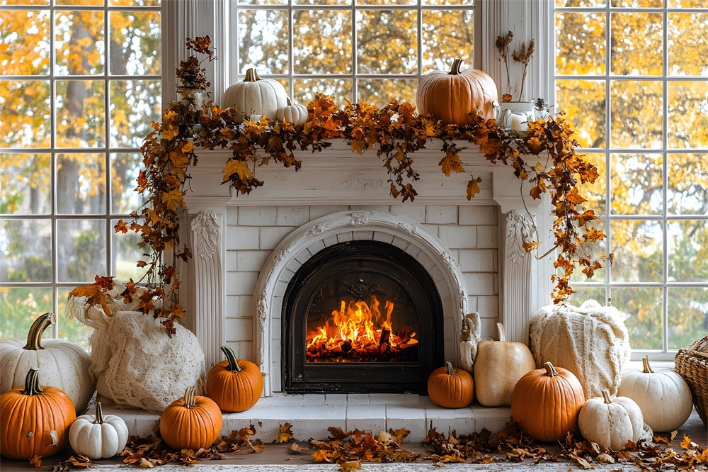 Toile de Fond Citrouilles d'Automne Devant Cheminée RR8-319