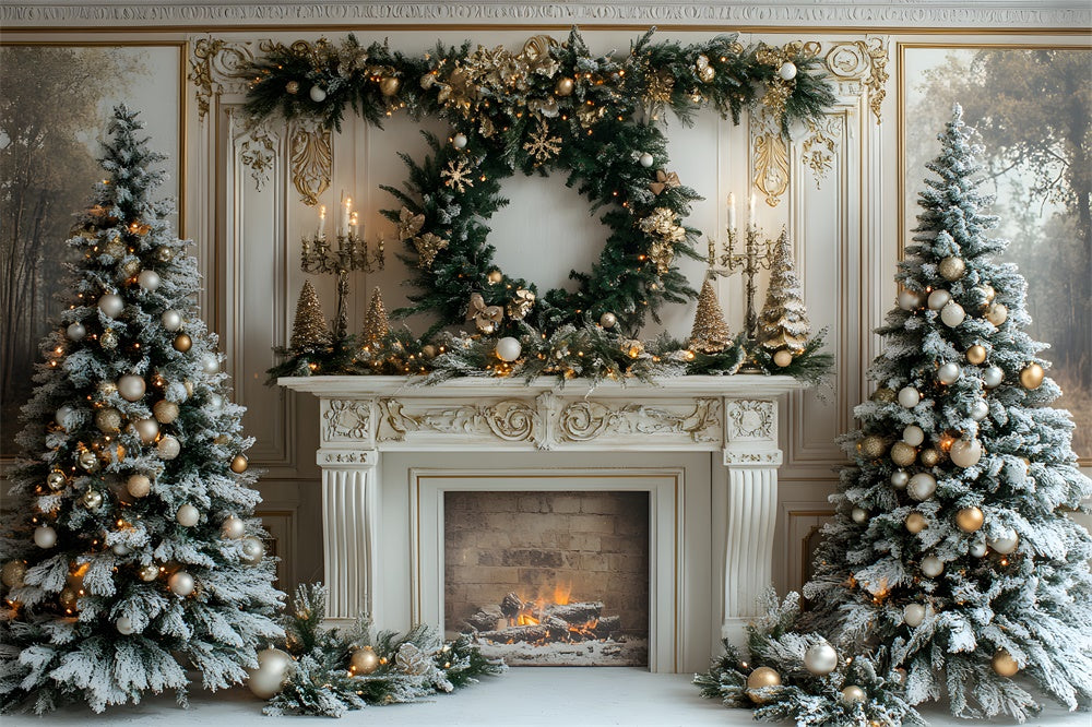 Toile de fond Sapins de Noël Couronne Cheminée RR8-32