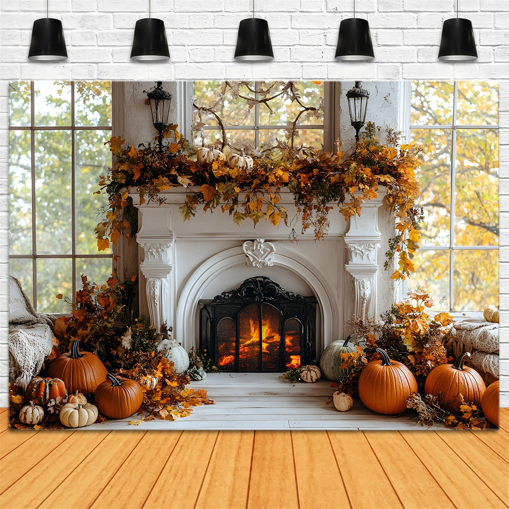 Toile de Fond Feuilles Séchées et Citrouille Devant Cheminée d'Automne RR8-320