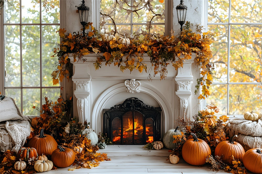 Toile de Fond Feuilles Séchées et Citrouille Devant Cheminée d'Automne RR8-320