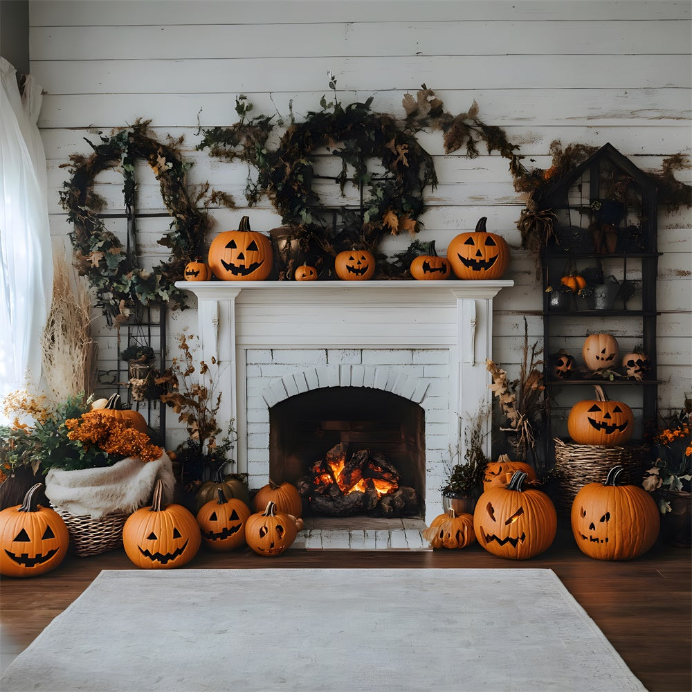 Toile de Fond Citrouilles Couronne Devant Cheminée d'Automne RR8-321