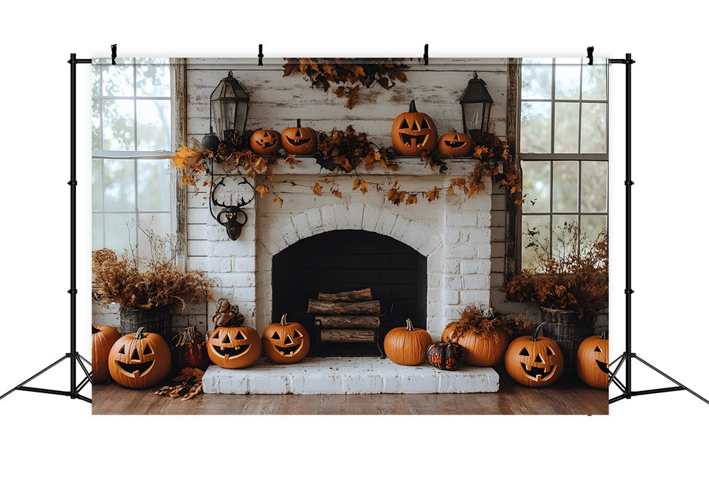 Toile de Fond Cheminée en Brique avec Citrouilles d'Automne RR8-322