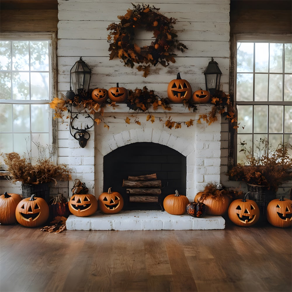 Toile de Fond Cheminée en Brique avec Citrouilles d'Automne RR8-322