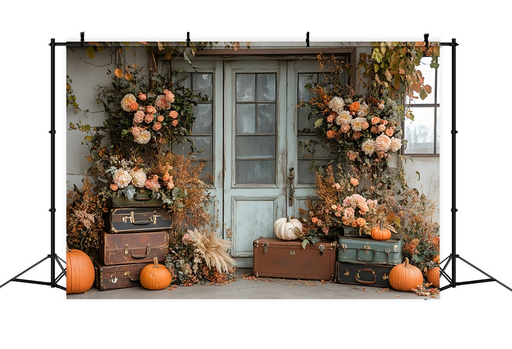 Toile de Fond Feuilles Séchées, Fleurs et Citrouille Devant Porte d'Automne RR8-325
