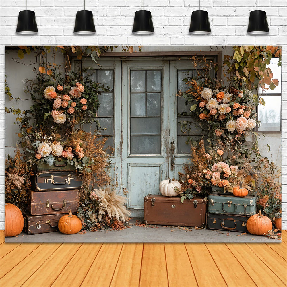 Toile de Fond Feuilles Séchées, Fleurs et Citrouille Devant Porte d'Automne RR8-325
