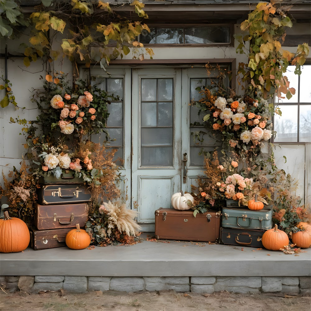 Toile de Fond Feuilles Séchées, Fleurs et Citrouille Devant Porte d'Automne RR8-325