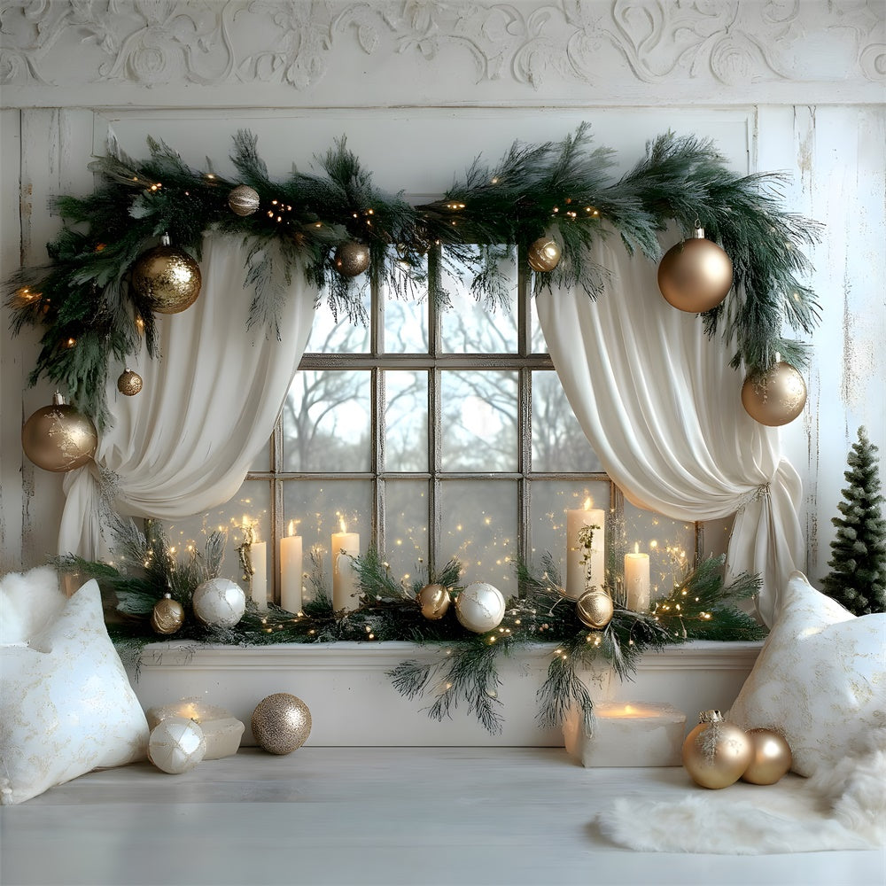 Toile de Fond Fenêtre Décorée avec Couronne de Noël RR8-340