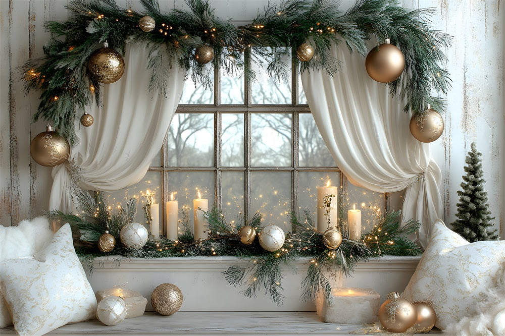 Toile de Fond Fenêtre Décorée avec Couronne de Noël RR8-340