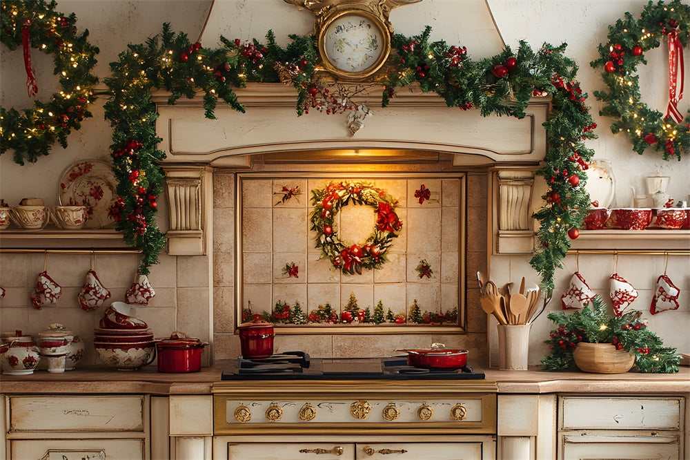 Toile de Fond Cuisine de Noël avec Guirlande et Couronne RR8-342