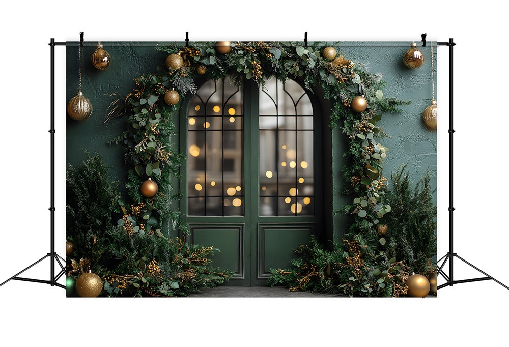 Toile de Fond Porte Décorée avec Boules de Noël et Guirlande RR8-346