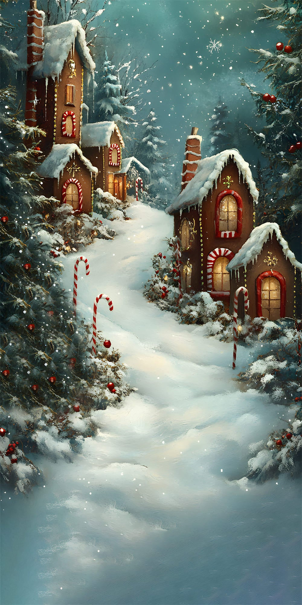 Toile de Fond Maison en Pain d'Épice sous la Neige de Noël RR8-362