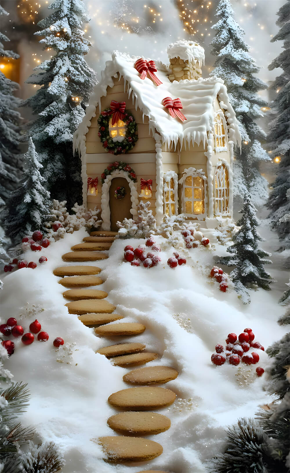 Toile de Fond Maison en Bonbons de Noël avec Arbres Neigeux RR8-365