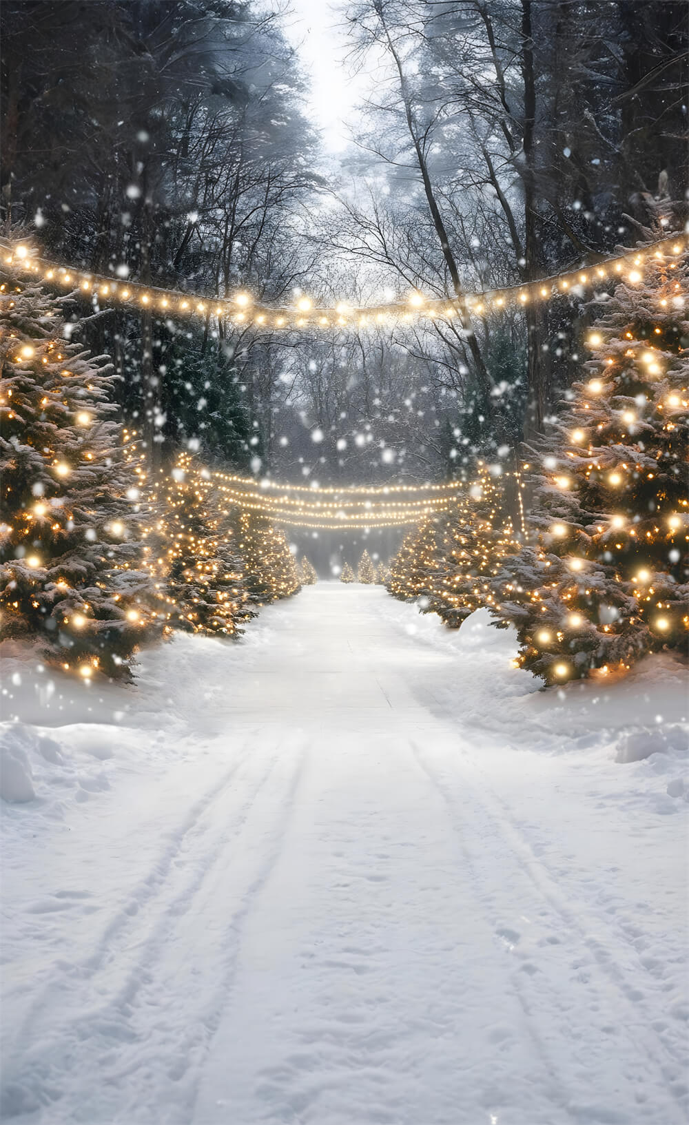 Toile de Fond Arbres Lumineux d'Hiver sous la Neige de Noël RR8-366