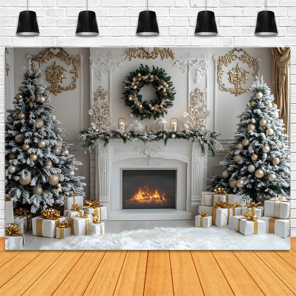 Toile de fond Cheminée Blanche Sapins et Couronne de Noël RR8-38