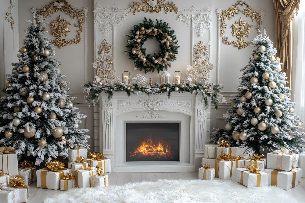 Toile de fond Cheminée Blanche Sapins et Couronne de Noël RR8-38