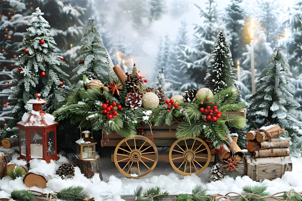 Toile de fond Sapins de Noël Neige Chariot en Bois RR8-4