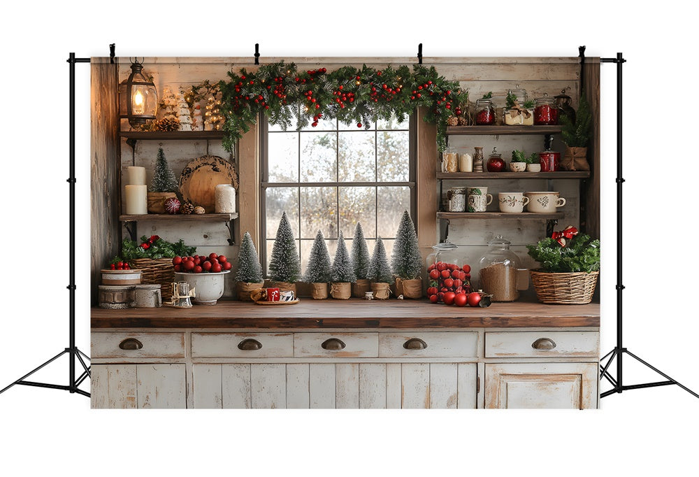 Toile de fond Cuisine Décorée de Couronnes de Noël RR8-40