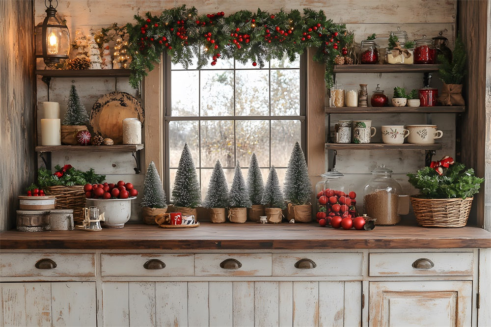 Toile de fond Cuisine Décorée de Couronnes de Noël RR8-40