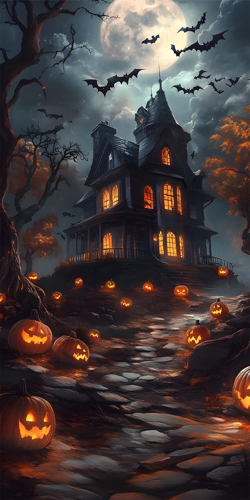 Toile de Fond Maison de Sorcière et Citrouille sous la Lune d'Halloween RR8-404