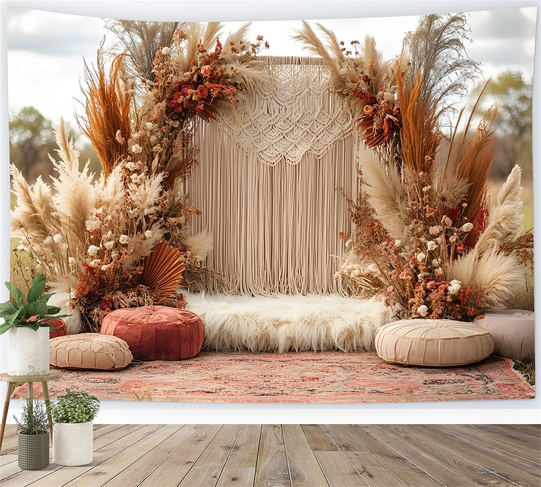 Toile de Fond Mariage Bohème avec Macramé et Herbes de la Pampa RR8-412