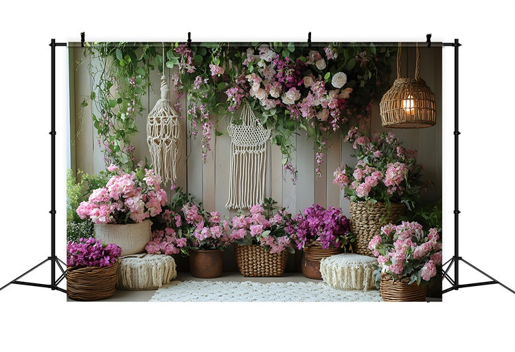 Toile de Fond Jardin Bohème avec Macramé et Fleurs RR8-419
