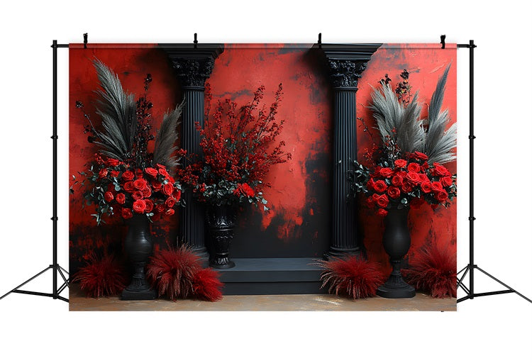 Toile de Fond Colonne Noire avec Roses Rouges Gothiques RR8-420