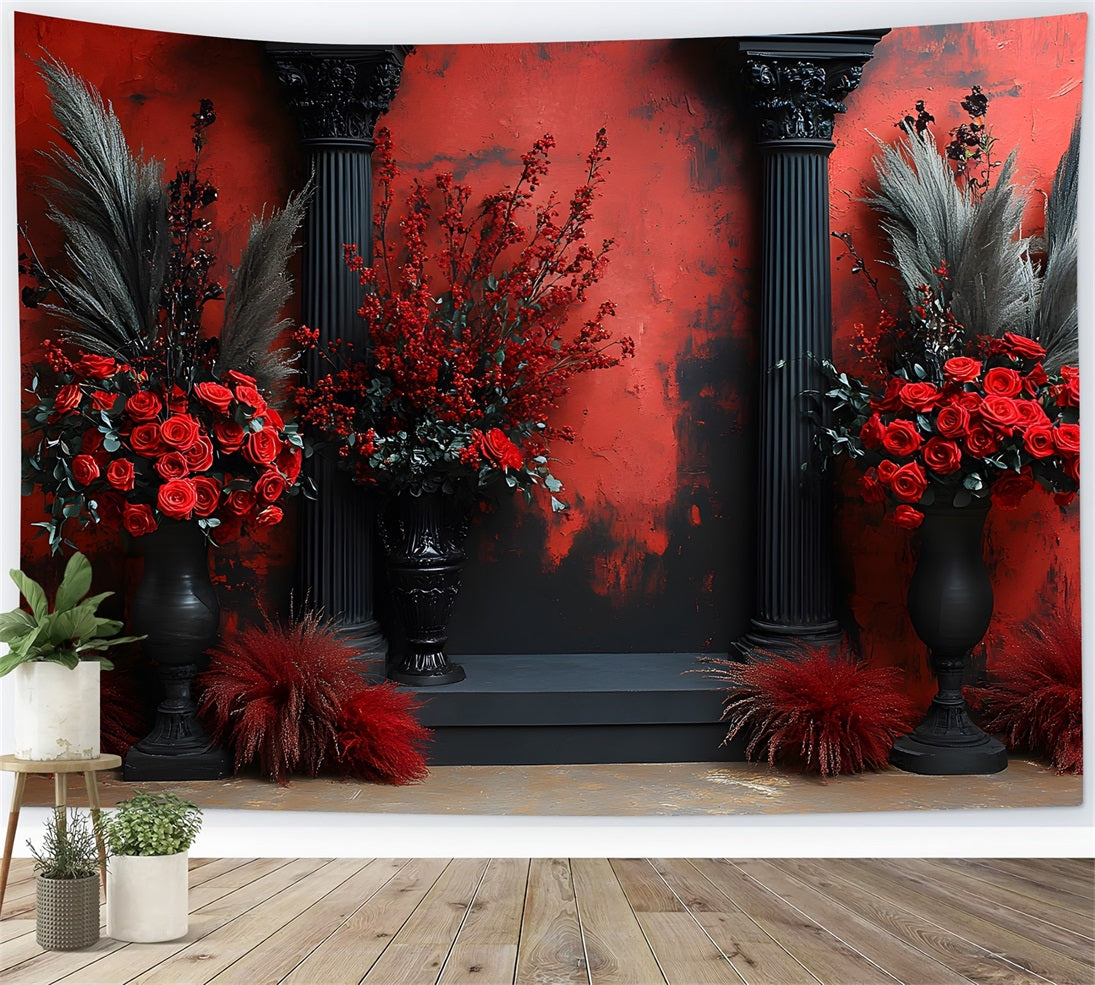 Toile de Fond Colonne Noire avec Roses Rouges Gothiques RR8-420