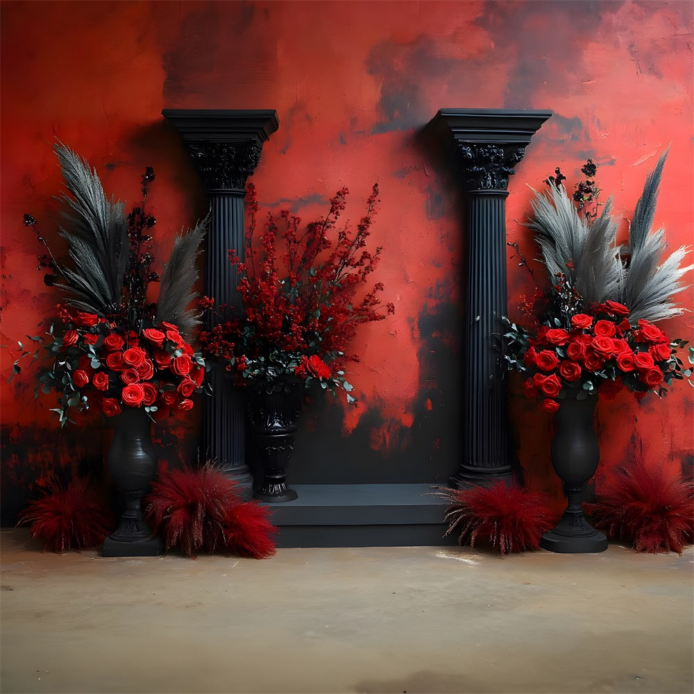 Toile de Fond Colonne Noire avec Roses Rouges Gothiques RR8-420