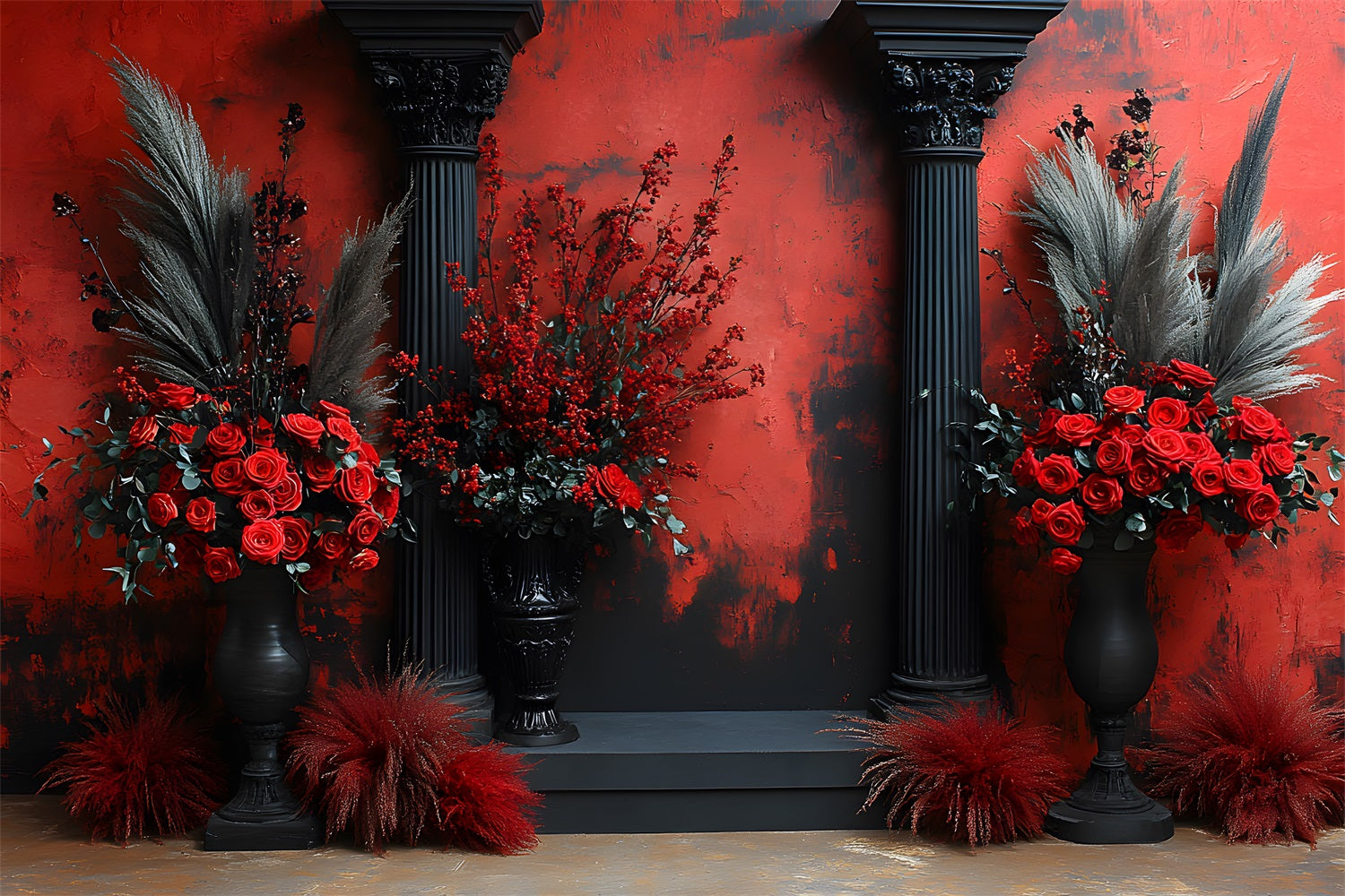 Toile de Fond Colonne Noire avec Roses Rouges Gothiques RR8-420
