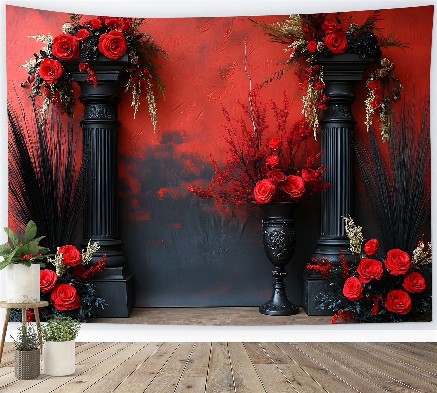 Toile de Fond Floral Dramatique Rouge et Noir RR8-421