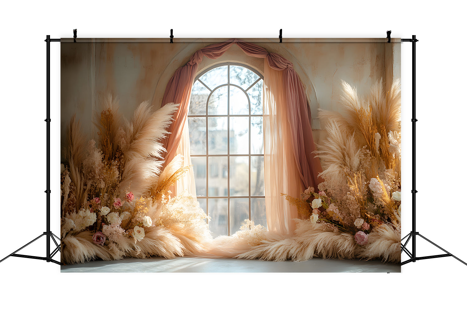 Toile de Fond Arche Fenêtre avec Herbes de la Pampa Bohème RR8-426