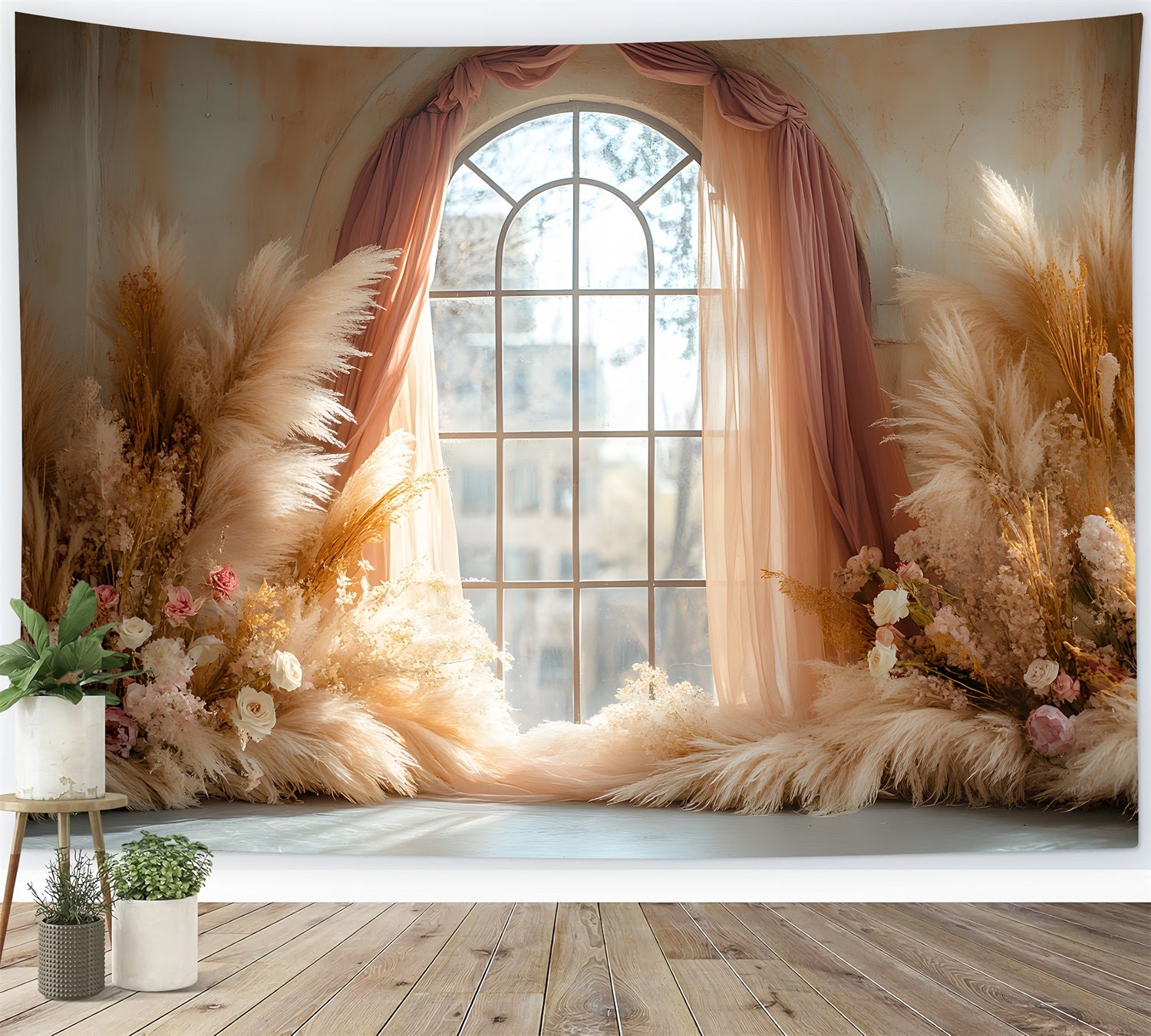 Toile de Fond Arche Fenêtre avec Herbes de la Pampa Bohème RR8-426