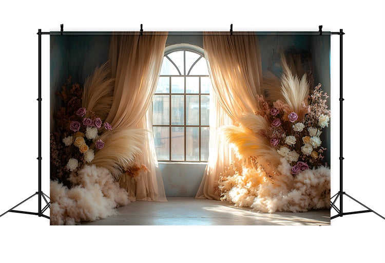 Toile de Fond Pampas Éthéré et Fleurs Épanouies RR8-438