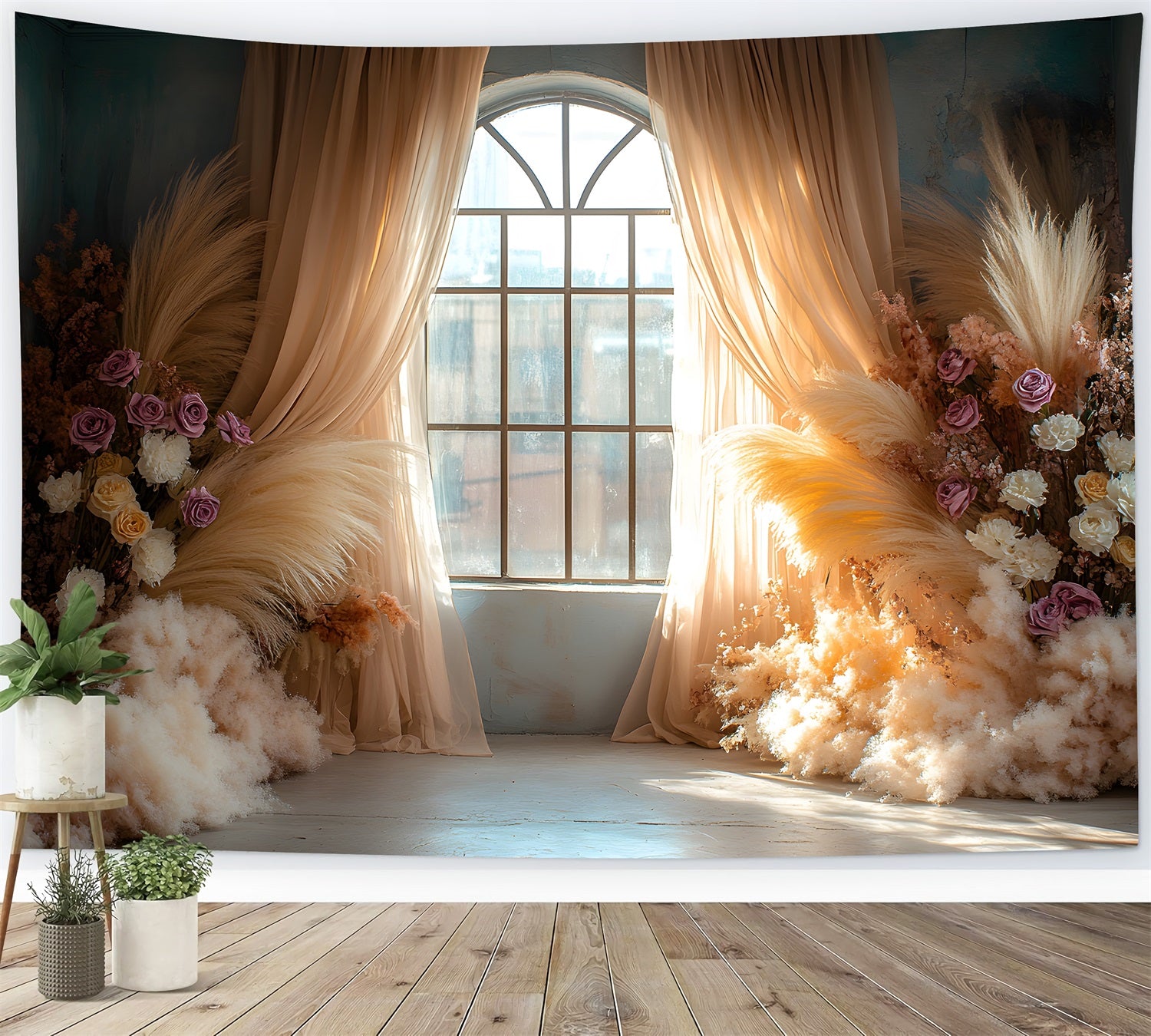 Toile de Fond Pampas Éthéré et Fleurs Épanouies RR8-438