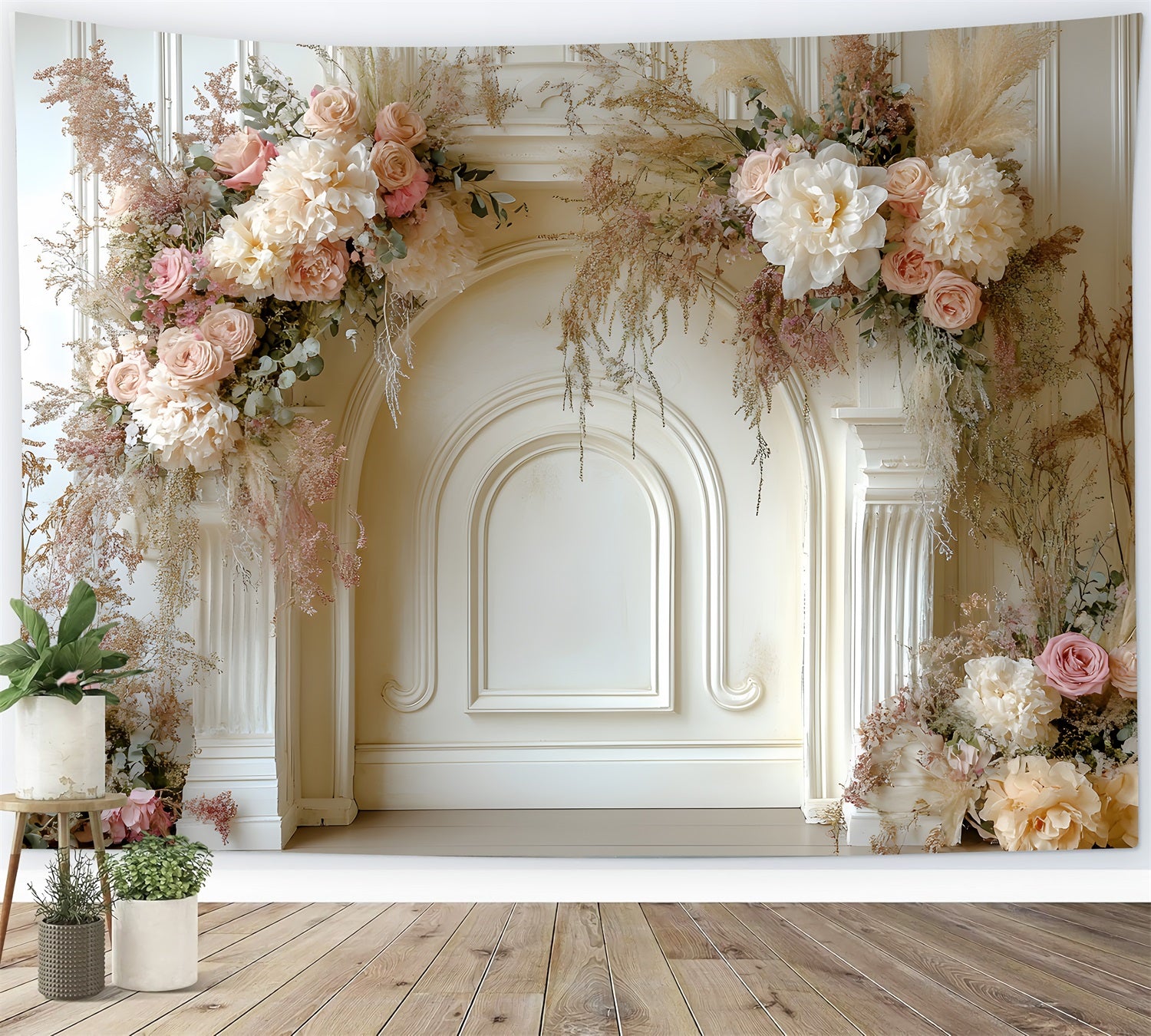 Toile de Fond Cheminée Florale Élégante Bohème RR8-463