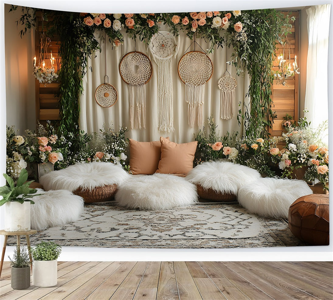 Toile de Fond Salon Bohème Cozy avec Attrape-Rêves RR8-478