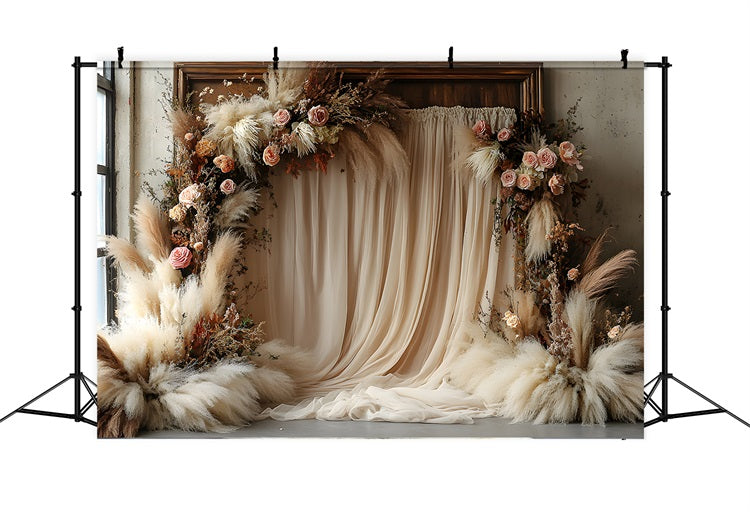 Toile de Fond Pampas de Luxe et Fleurs en Heure Dorée Bohème RR8-498